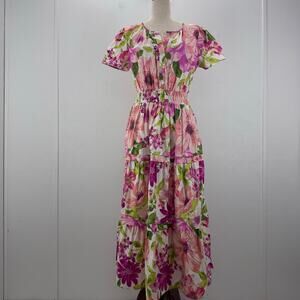 Be by CHETTA B Womens Short Sleeve Floral Maxi Dress sz M Romantic Garden Party